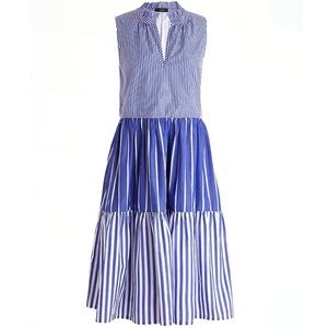 J. Crew Sleeveless Dress XL Tiered Popover In Mixed Stripe Blue White Preppy